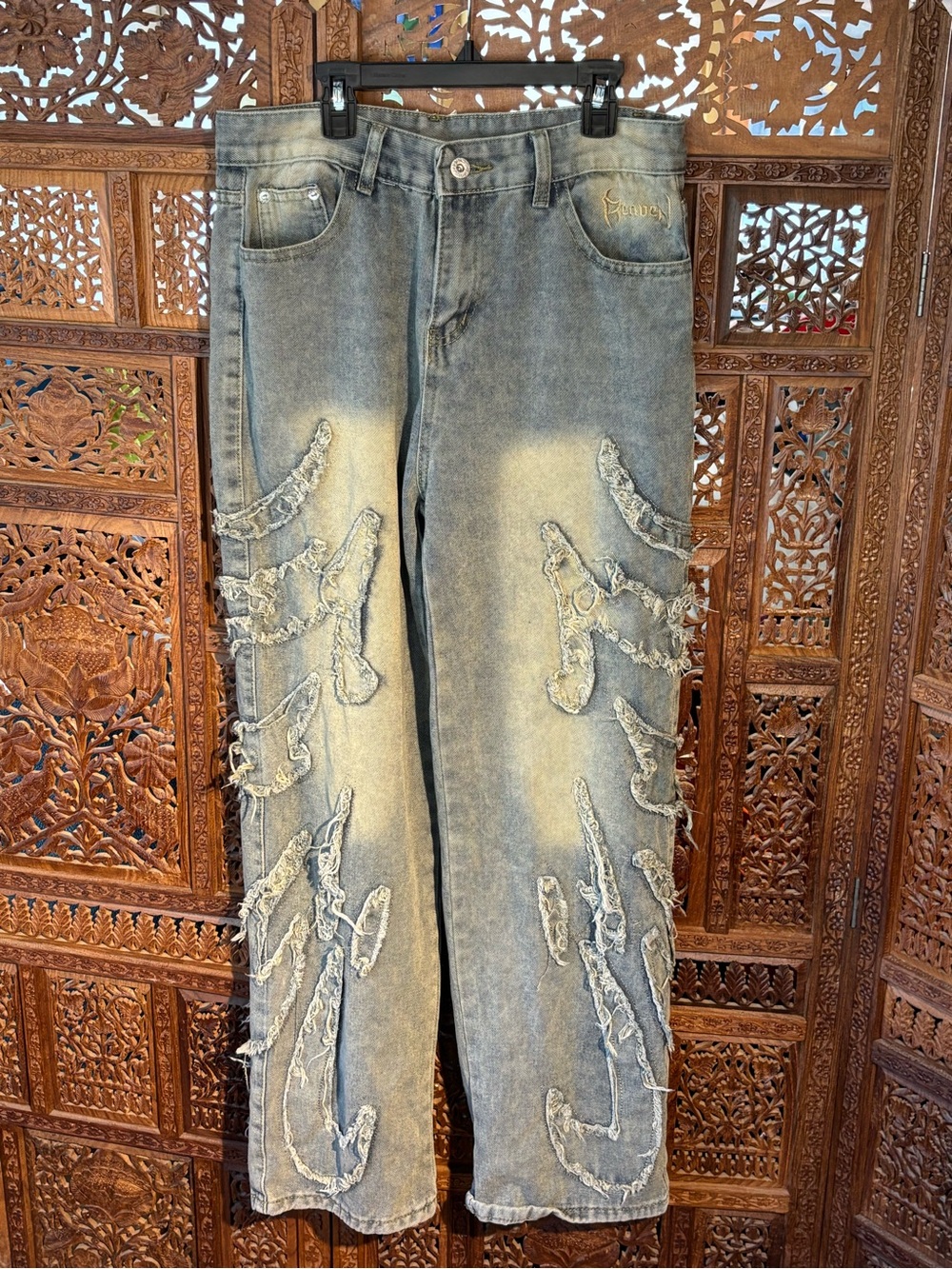 Reaven NYC Distressed Grey Women's Jeans With Cut-Out Letters
